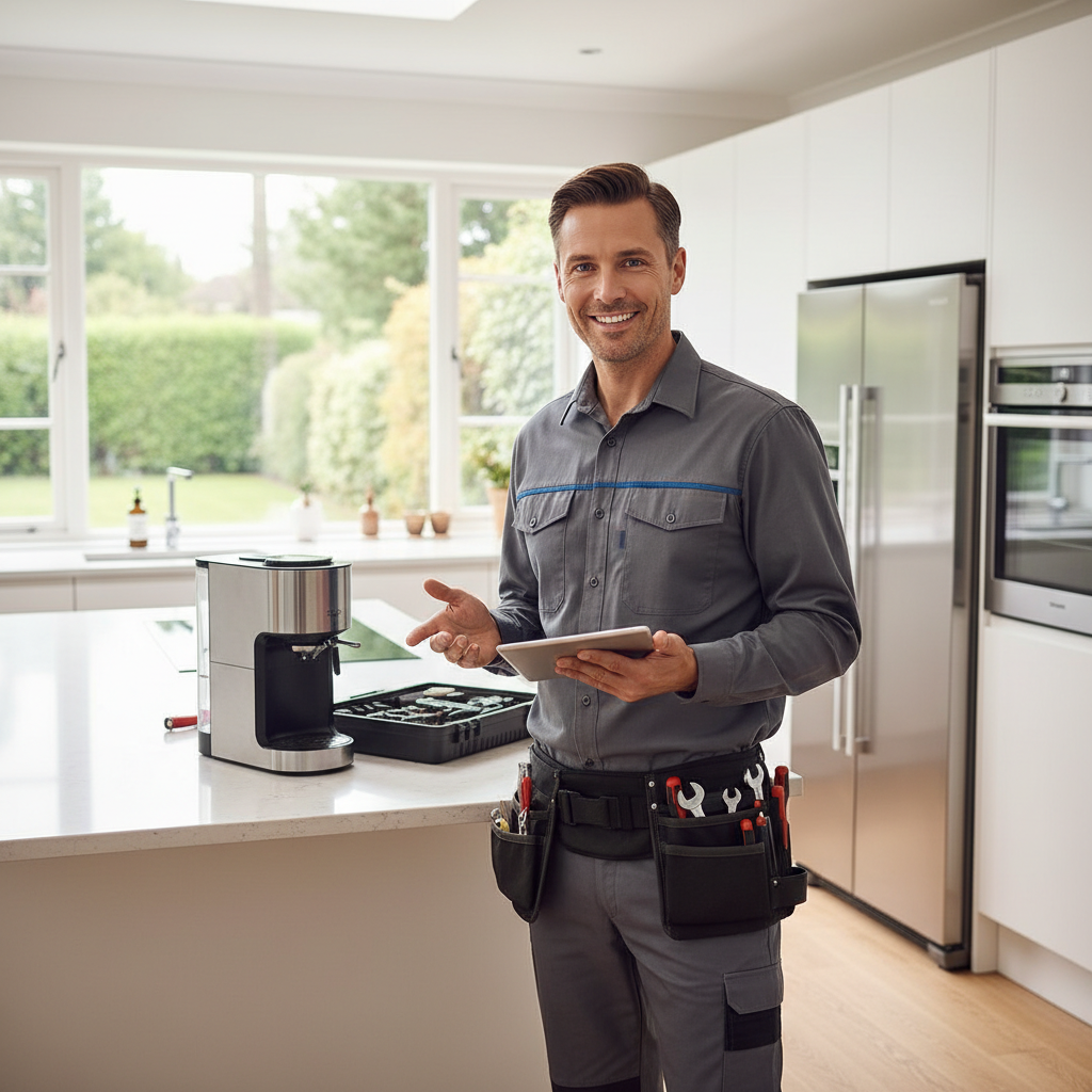 Smiling appliance repair technician standing in a modern bright kitchen