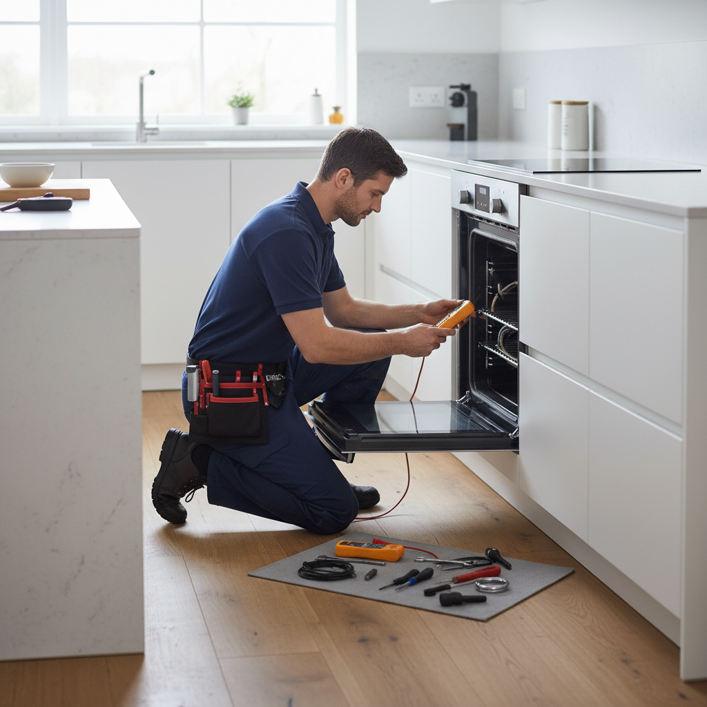 Technician repairing a built-in oven in a modern kitchen